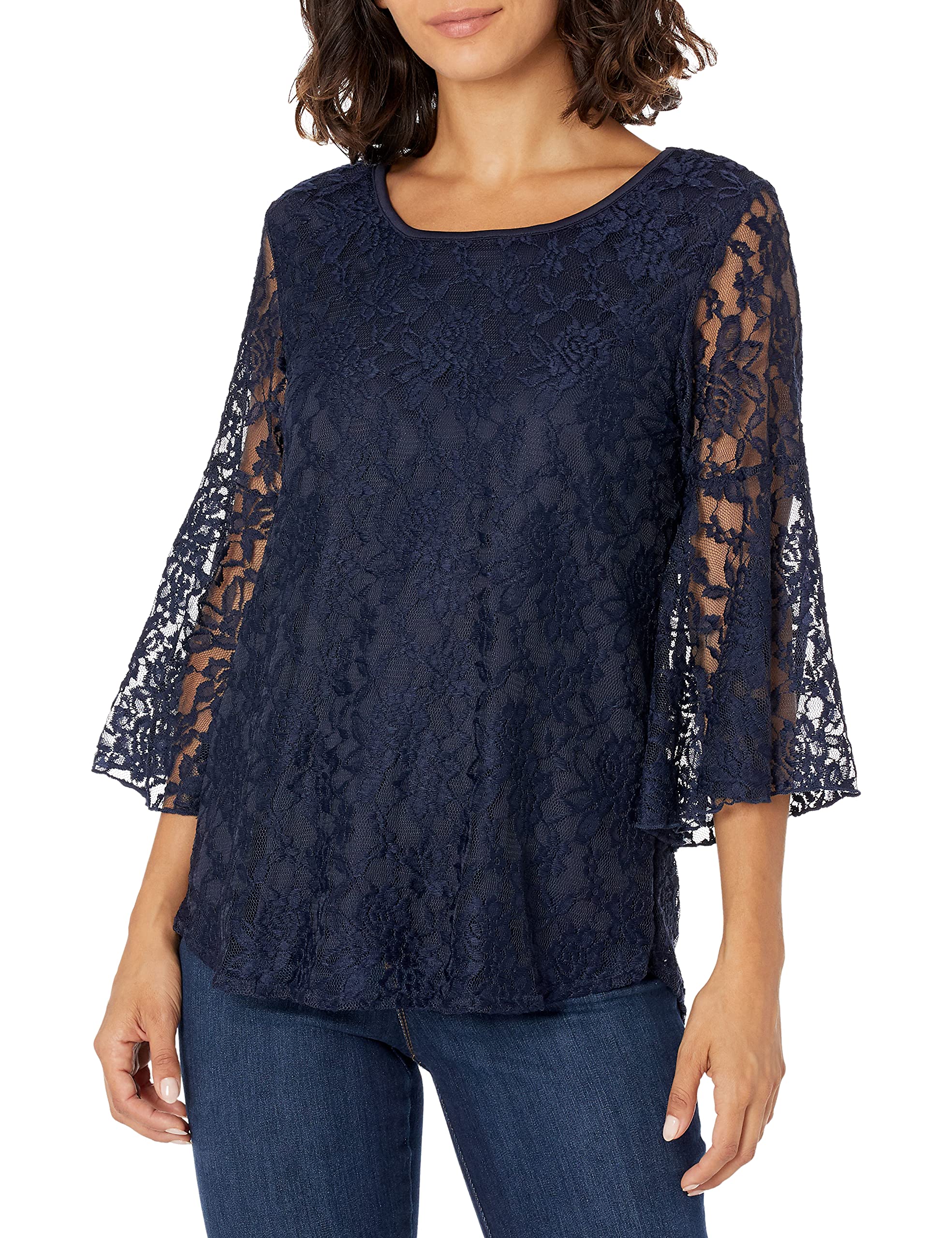 Star Vixen Women's Navy Petite Stretch Bell-Sleeve Keyhole Back Cutout Top-Lined, Ps