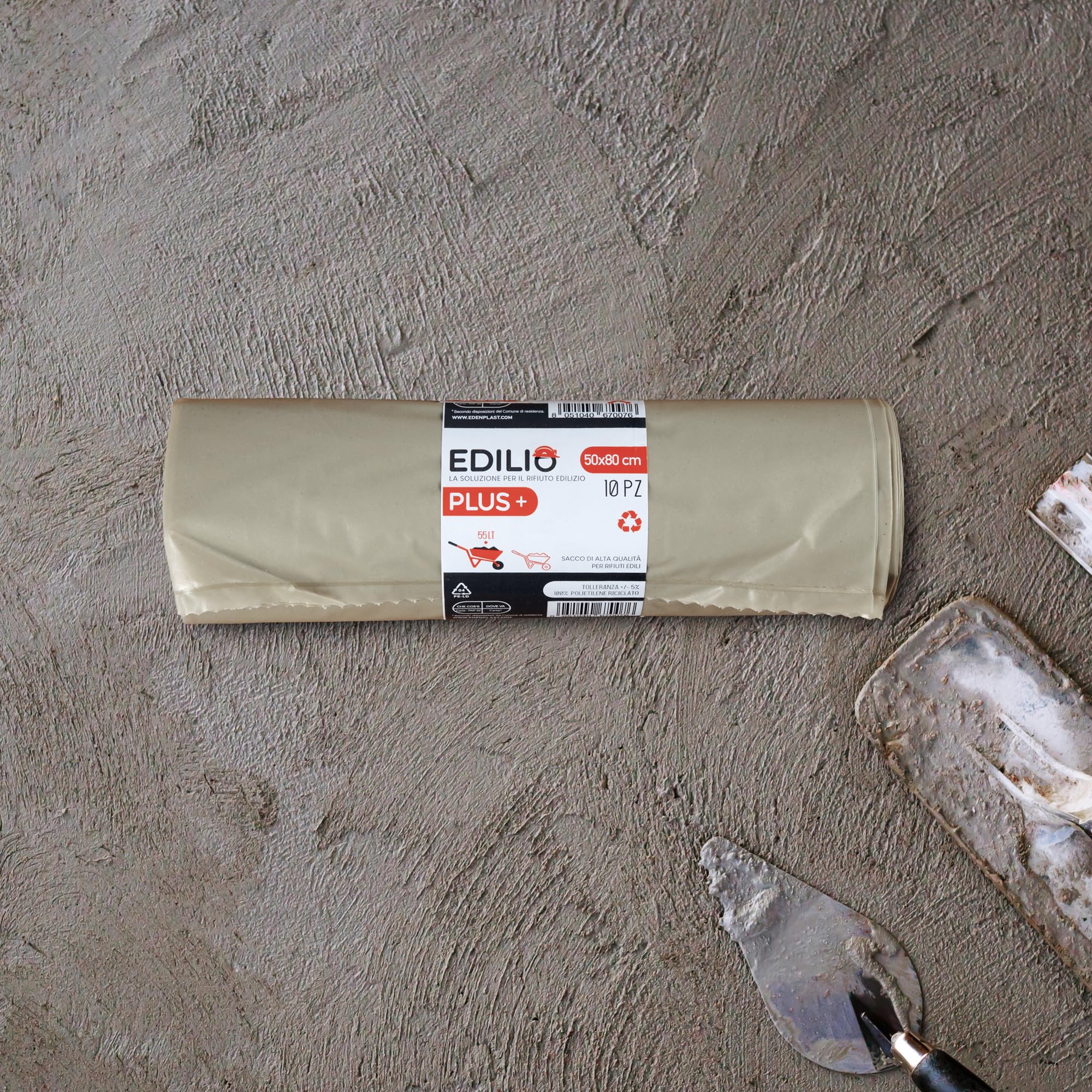 Sacchi spazzatura EDILIO+ 55LT - 50x80cm - Ambra - Sacco di alta qualità per rifiuti edili - Polietilene 100% Riciclato - 12 Rotoli da 10 sacchi