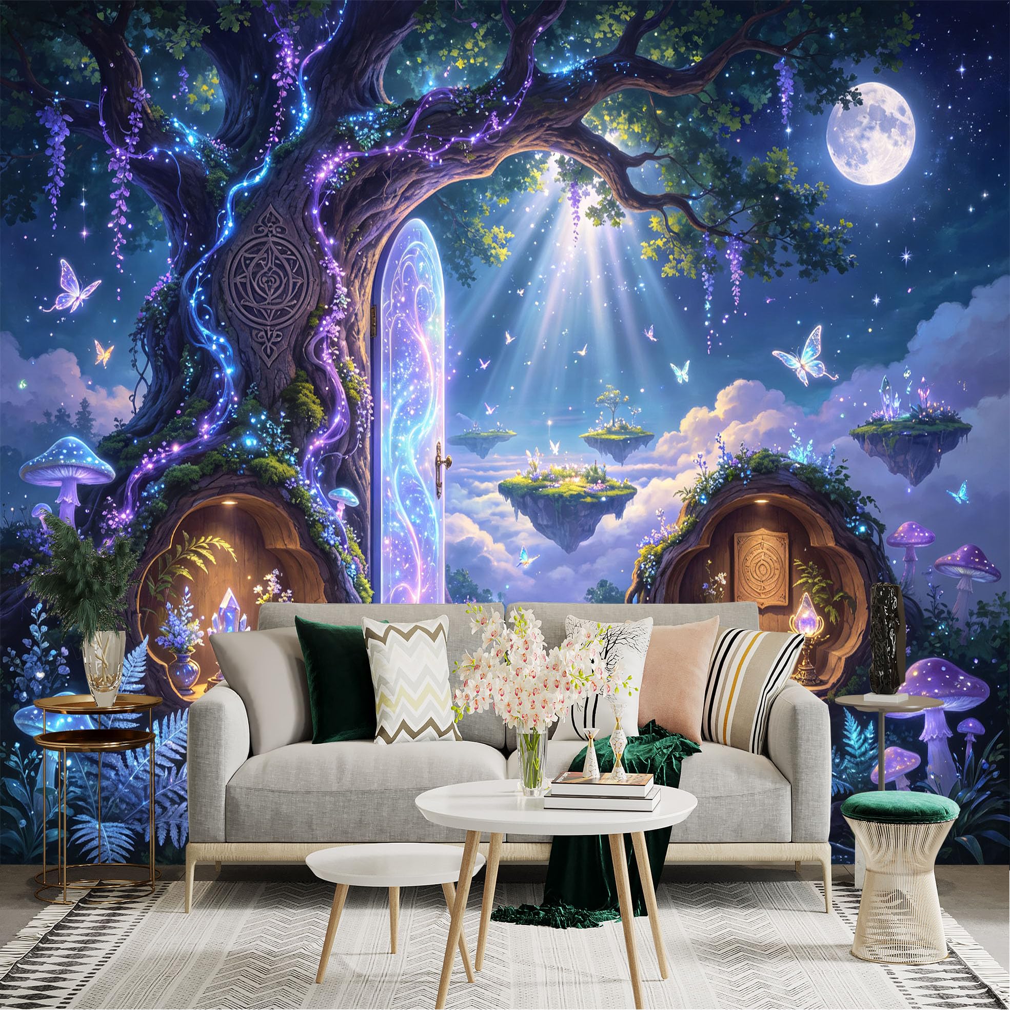Lnzczhyre Bh260719281 Custom Size Wall Sticker Mural， Enchanted Forest With Glowing Portal， Magical Tree And Floating Islands， For Wall Decoration， Peelandstick Wall Decals.
