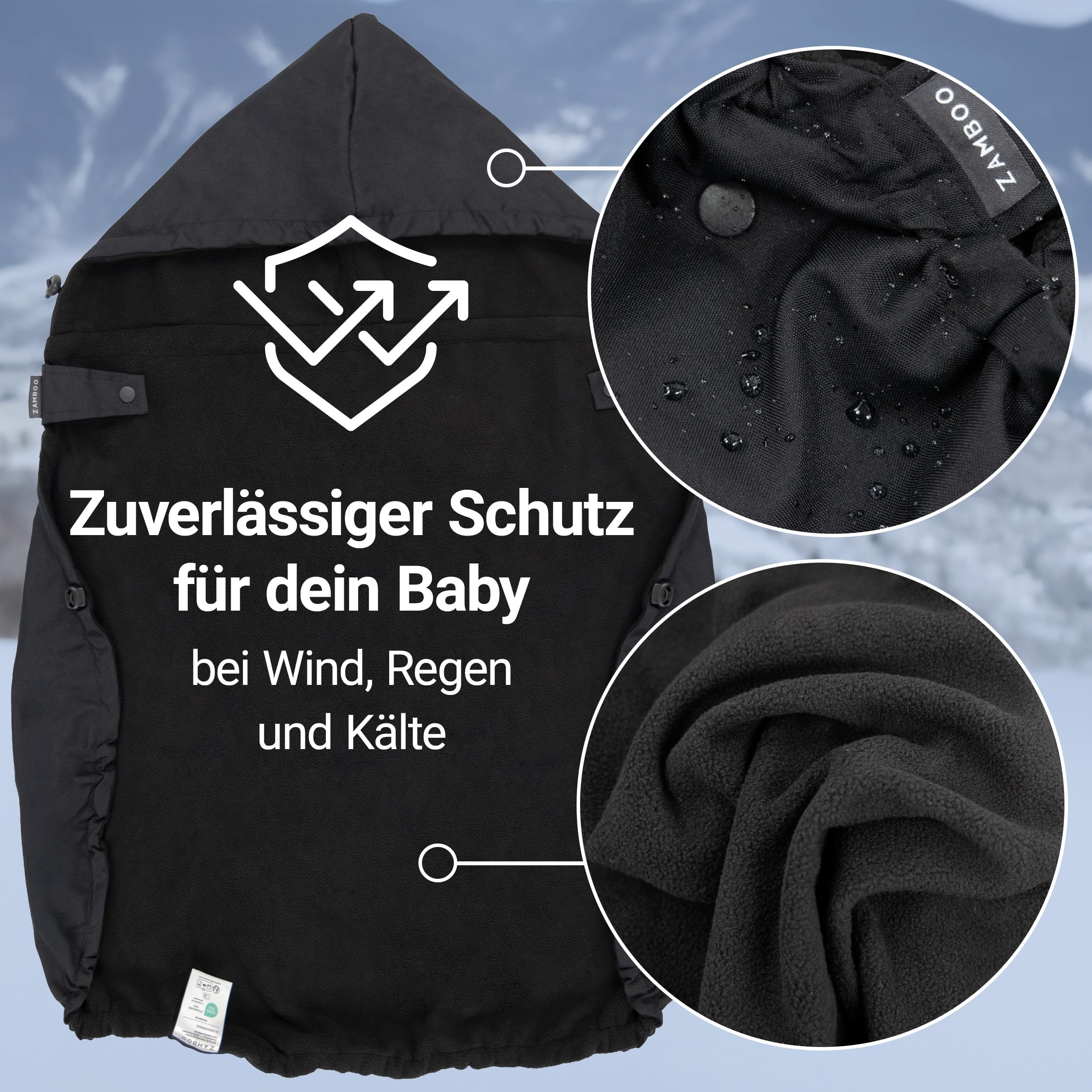 Zamboo Universal Babytrage Cover | Warmer Fleece Wetterschutz für viele Bauchtragen, kompatibel mit Ergobaby, Manduca, Ruckeli uvm. | OEKO-TEX Standard 100 zertifiziert - Schwarz