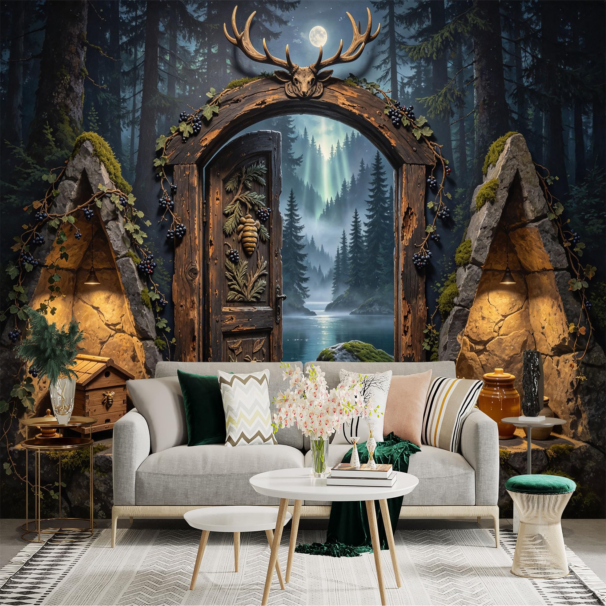 Custom Size Wall Sticker Mural， Rustic Forest Doorway， Moonlit Lake and Pine Trees， Fantasy Nature Scene， for wall Decoration， peelandstick wall Decals.