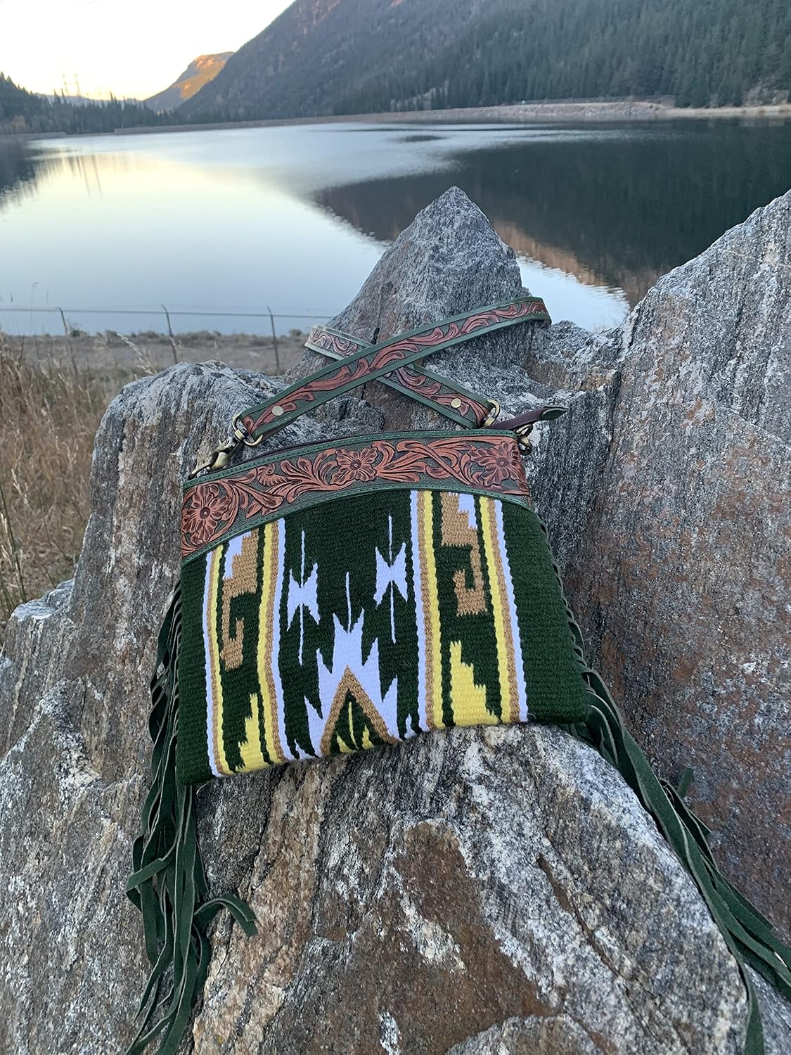 Majestic Ally Hand-Tooled Pure Leather Crossbody Bag, Crafted with Cashmere Wool and Enhanced by Coordinating Leather Fringe