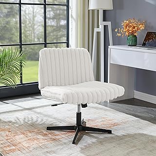 Roundhill Blynn Adjustable Swivel Criss Cross Chair, Wide Seat Office Chair Vanity Chair, Cream White
