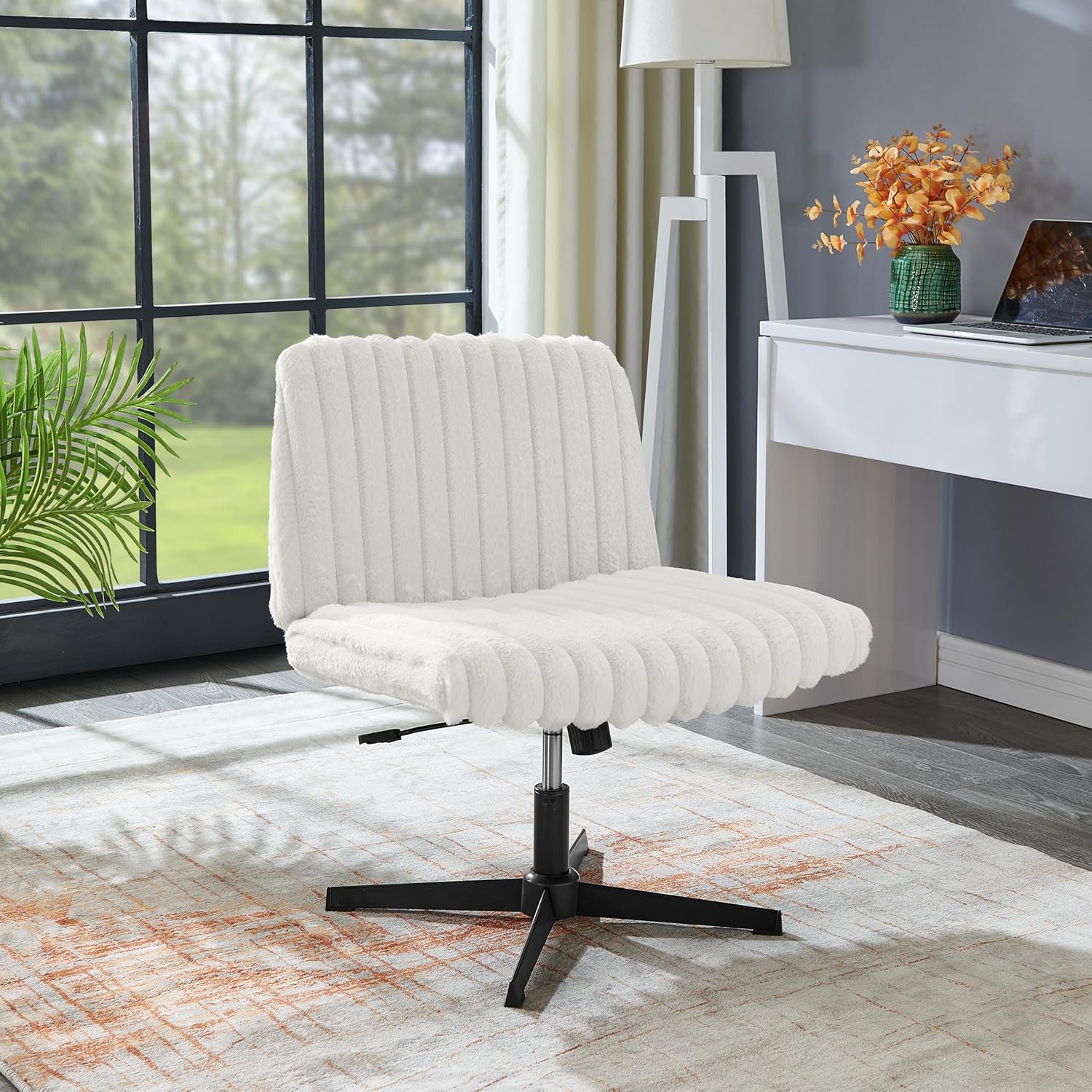 Roundhill Blynn Adjustable Swivel Criss Cross Chair, Wide Seat Office Chair Vanity Chair, Cream White