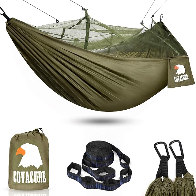 COVACURE Camping Hammock with Mosquito Net - Ultralight Travel Hammock - 210T Parachute Nylon with 10FT Tree Straps for Camping Hiking Backpacking - Indoor Outdoor Garden