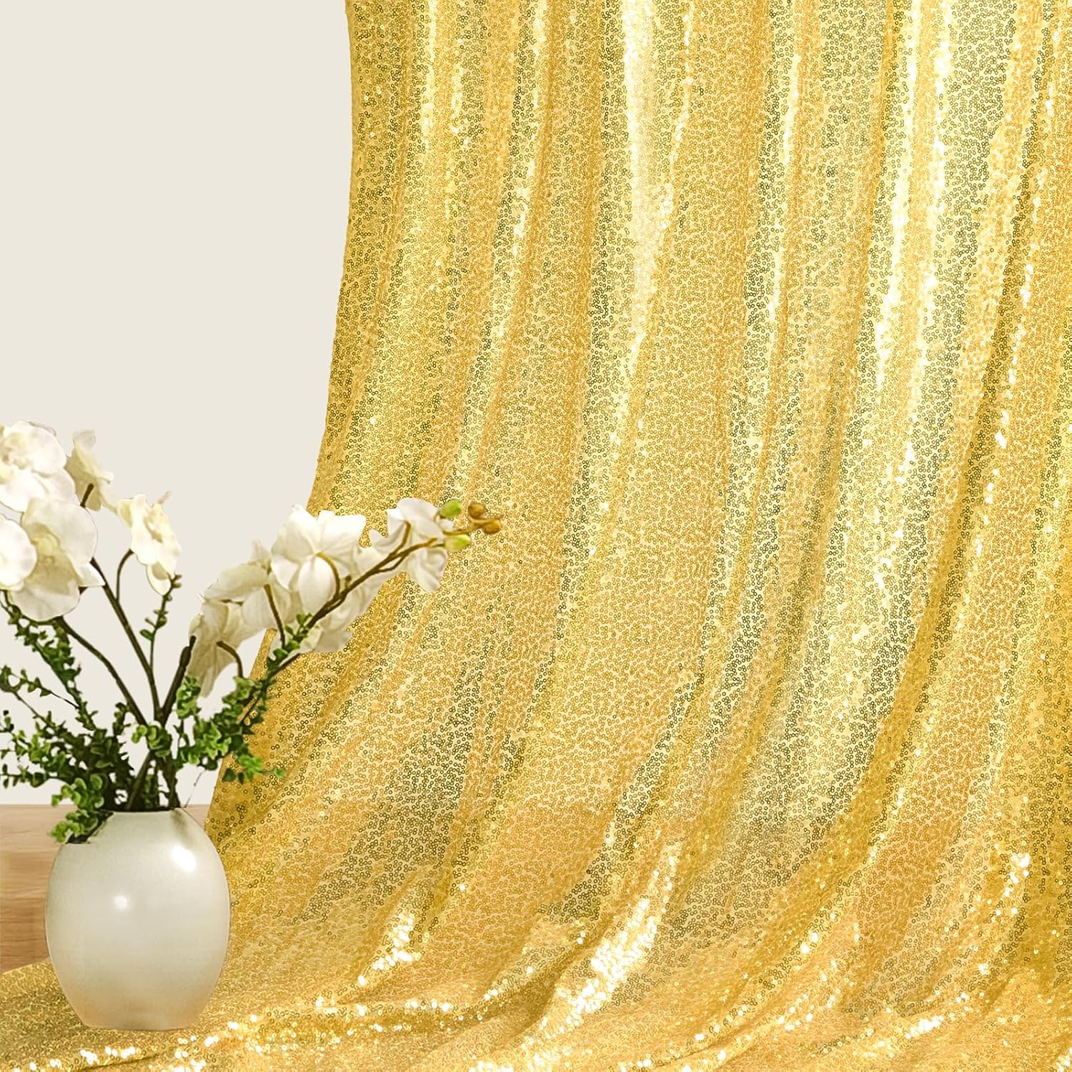 5 Yards Gold Sequin Fabric,48 Inch Width by The Yard,Sparkly Glitter Material for Xmas Decor Tablecloths Wedding Decor and DIY Sewing Projects