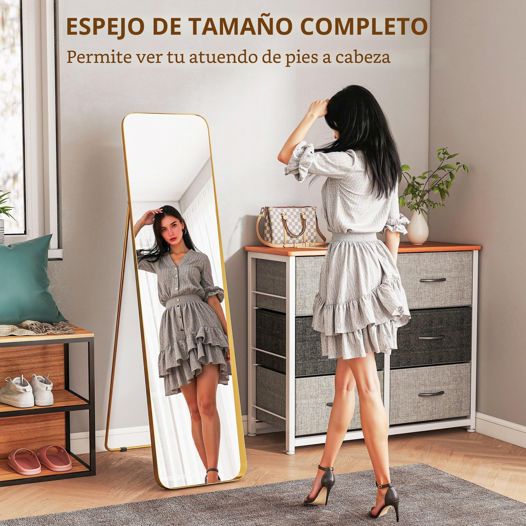 HOMCOM Espejo Cuerpo Entero Esquinas Redondeadas 40x160cm Dorado