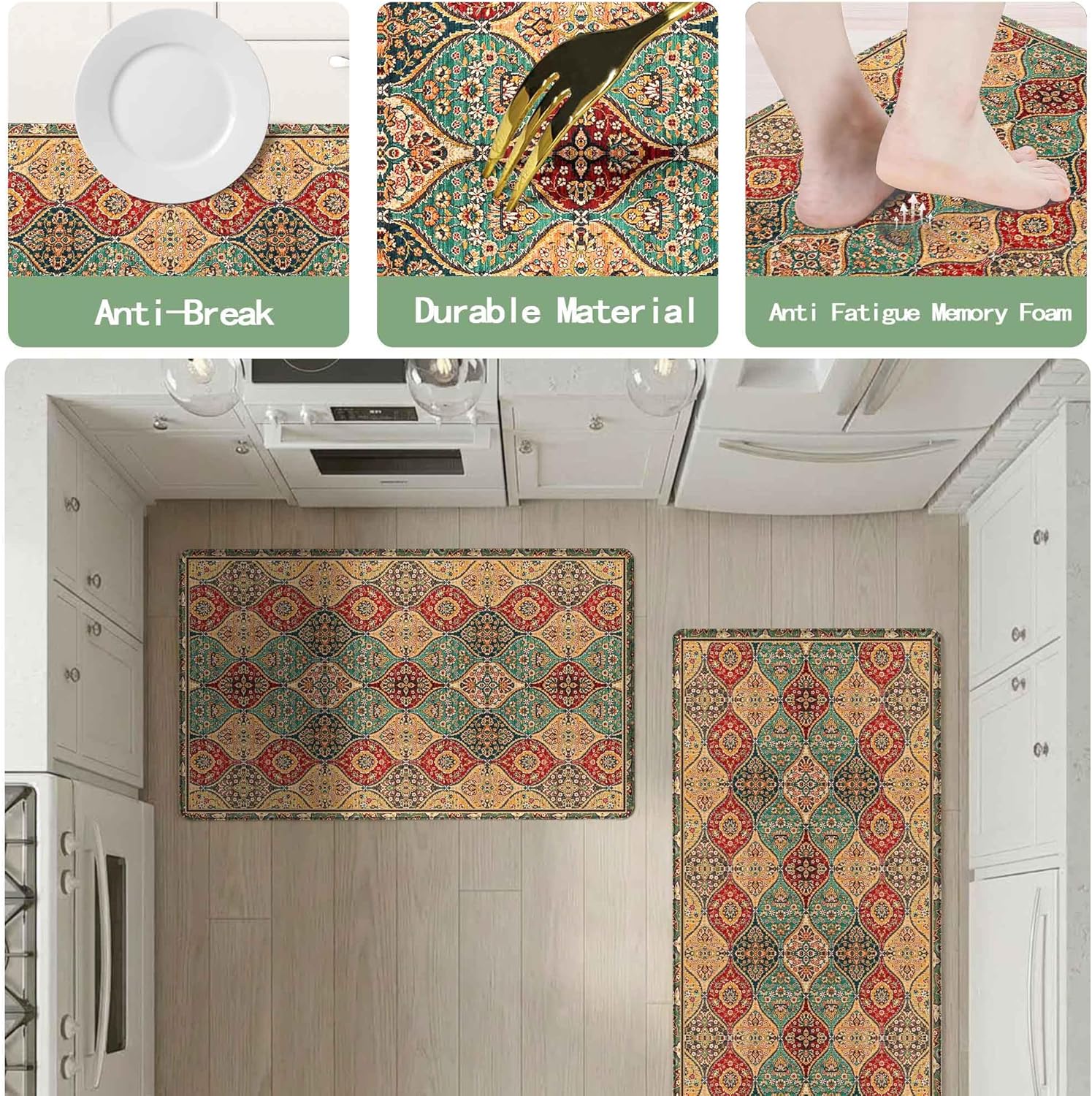Moroccan Kitchen Rug Mats for Floor Cushioned Anti Fatigue Boho Vintage Kitchen Rugs Sets of 2 Red Yellow Non Slip Waterproof Comfort Memory Foam Standing Floor Mat for Laundry Sink Desk
