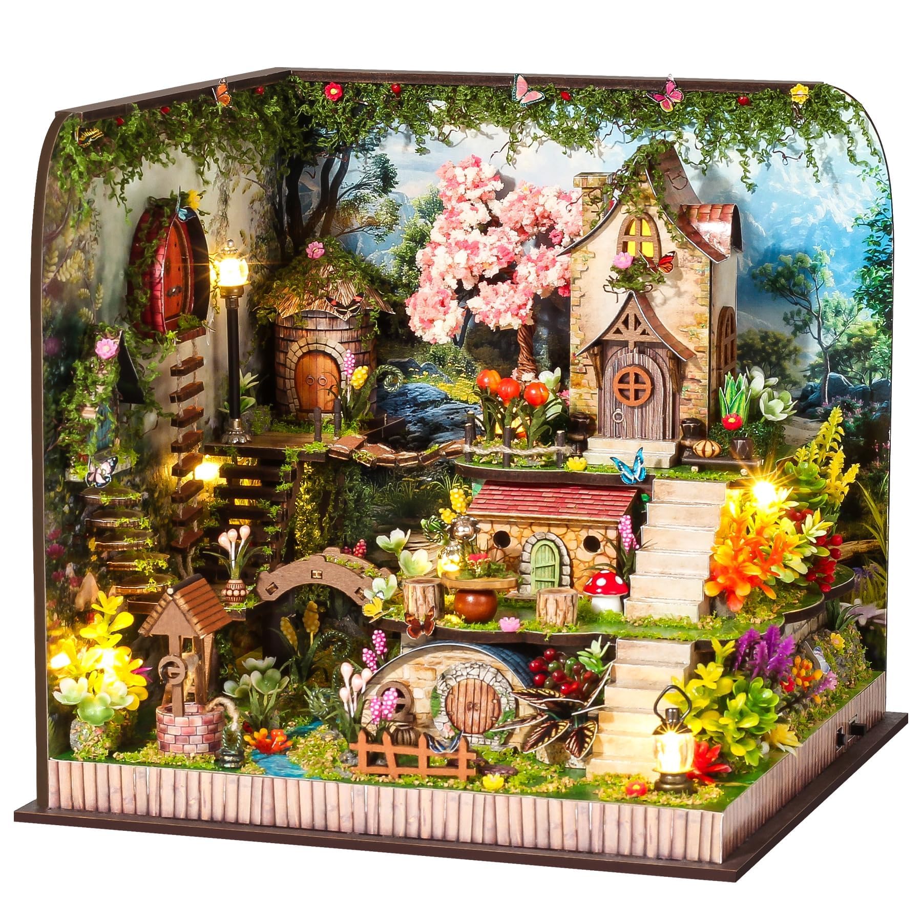 Book Nook DIY Kit Miniature House, LED Lighting Electronic Music Player Magical Forest Garden Bookshelf Retro Design Green Plants Flowers Creative Gift for Adults Teenagers