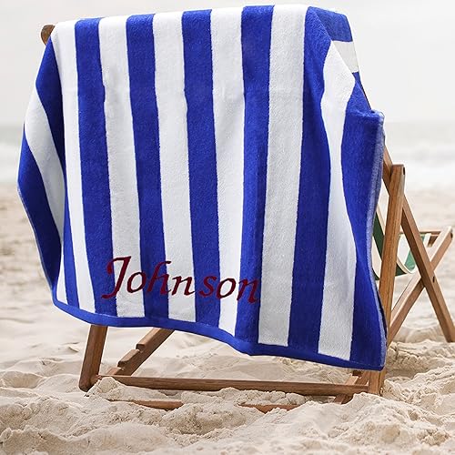 Miniatura 4 de Toalla de playa cabaña a rayas personalizada de alta calidad, 35 x 60 pulgadas, toallas de piscina con monograma, bordadas a medida con cualquier