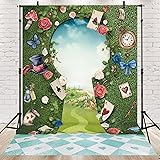 Wonderland Tea Party Photo Backdrop 5Wx7H Photography Key Hold Checkerboard Green Grass Fence Decorations Background for Newborn Baby Shower Fairy Castle Tale Tapestry Banner Props Supplies 5Wx7H Green