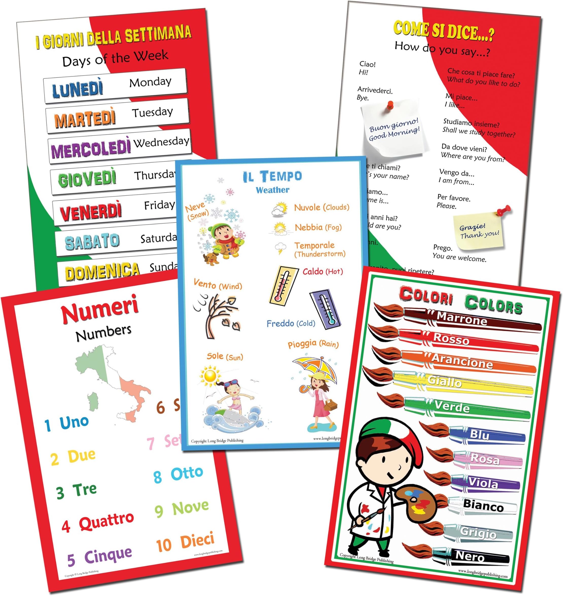 Long Bridge Publishing Italian Language School Poster Set N.1 - Assorted Bilingual Wall Charts for Classroom and Playroom (11x17 inches)