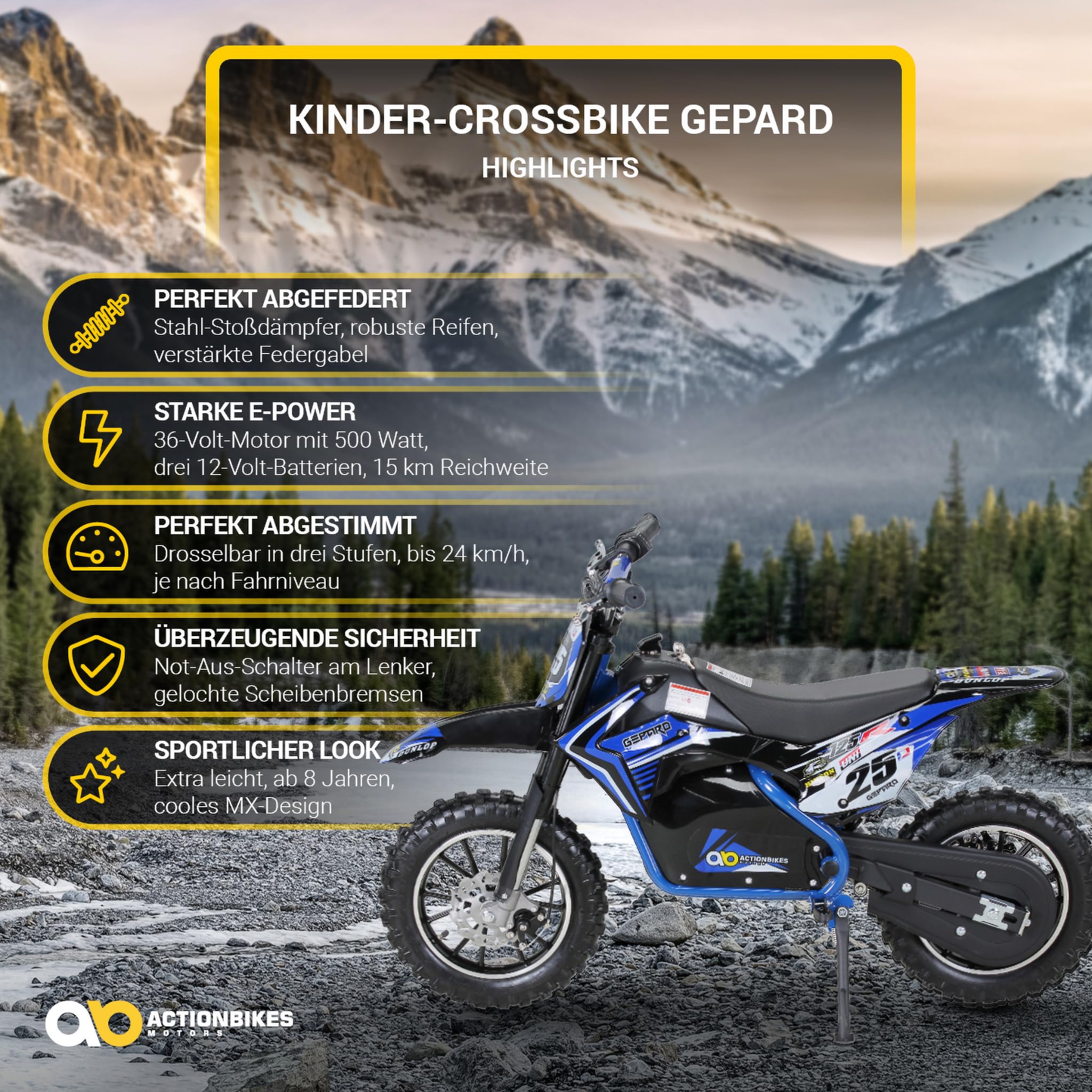 Actionbikes Motors Kinder Elektro Crossbike Gepard | 𝟱𝟬𝟬 Watt Motor bis 𝟐𝟒 km/h - Motorrad - Pocket Bike - Dirt Bike - Motocross - Pocketbike - Motorsport - Dirtbike - Enduro ab 8 Jahren (Blau)