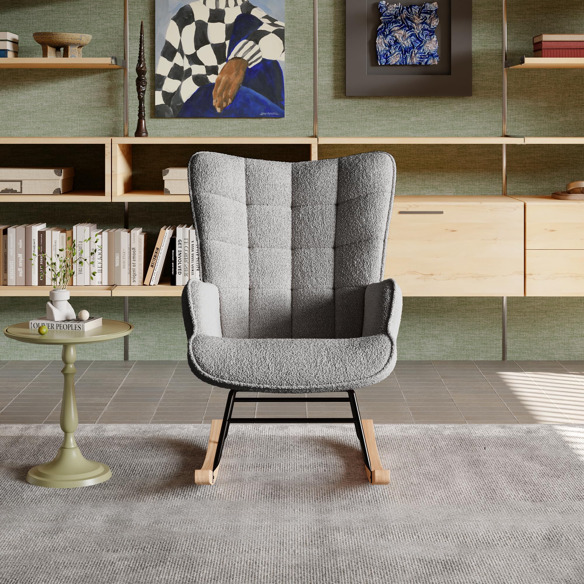 MEXUS Fauteuil à Bascule d'allaitement Teddy, revêtement Velours, Pieds en Bois Massif, avec accoudoirs, pour Salon, Chambre, Balcon.-75 x 68 x 92 cm (T x B x H) (Gris foncé)