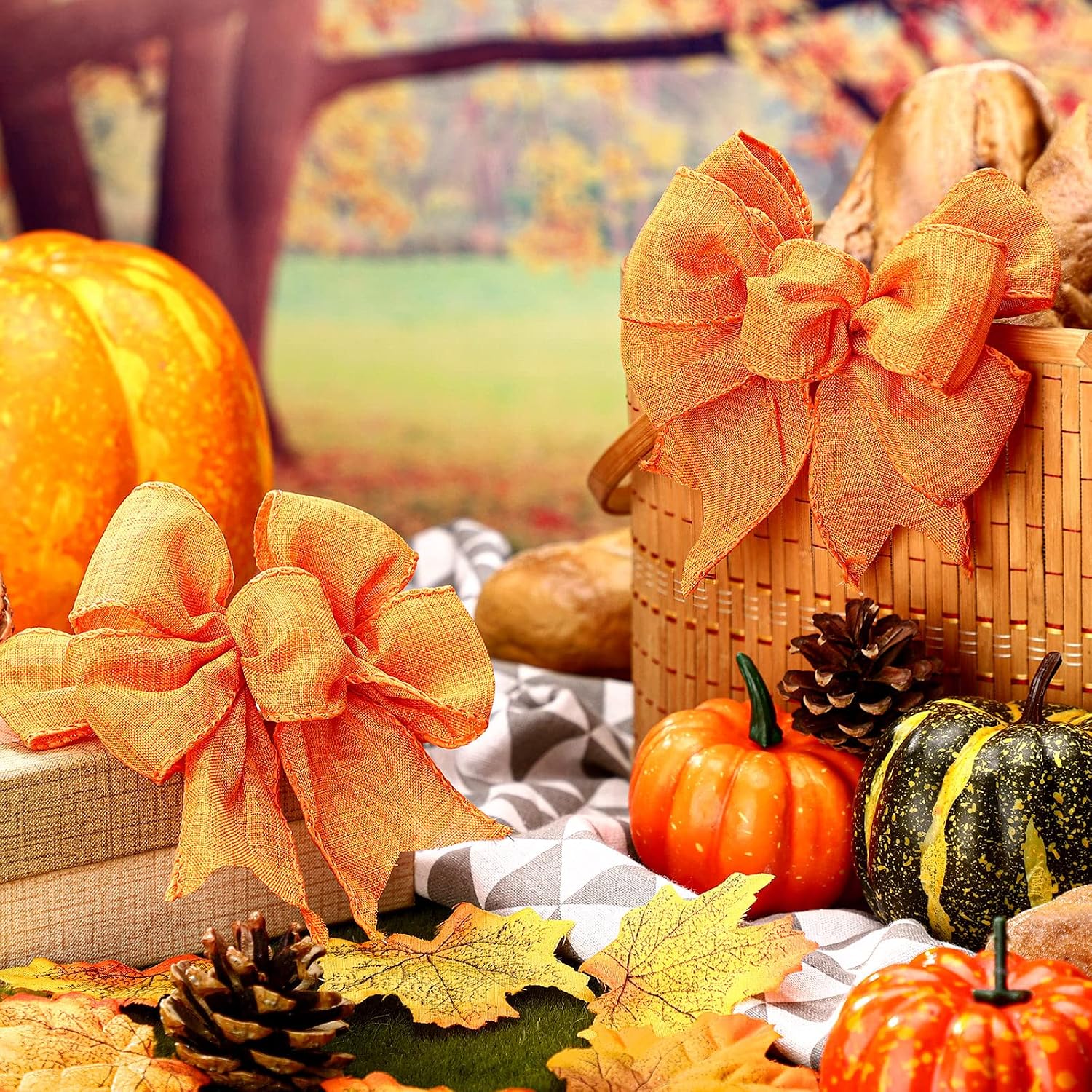 Syhood 4 Pcs Fall Wreath Bows, Orange Burlap Bows for Wreaths, Front Door, Tree Topper and Garland, Rustic Thanksgiving Christmas Tree Decorations for Party, Wedding Birthday DIY Crafts