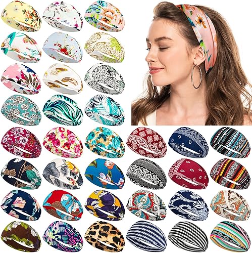 Yunsailing 36 diademas bohemias para mujer, diadema ancha antideslizante para yoga, entrenamiento, correr, bandas para el cabello, envolturas para