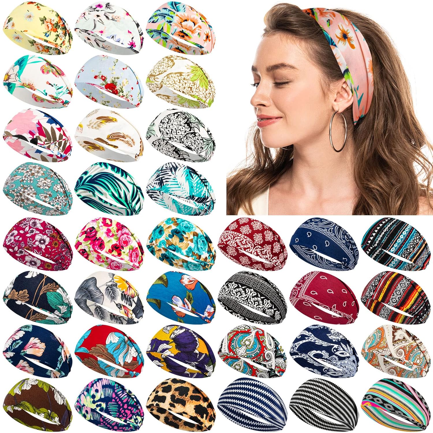 Yunsailing 36 Pcs Boho Headbands for Women - Non Slip Wide Headband for Yoga, Workout, Running - Hair Bands, Sweat Wraps, Accessories for Women & Girls