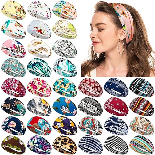 Miniatura 1 de Yunsailing 36 diademas bohemias para mujer, diadema ancha antideslizante para yoga, entrenamiento, correr, bandas para el cabello, envolturas para