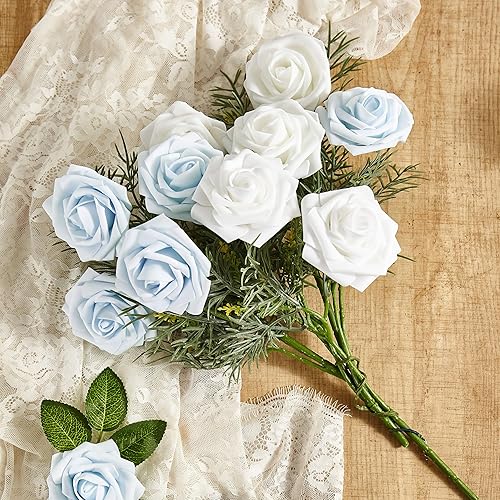 Miniatura 3 de Flores artificiales, 25 rosas artificiales azul bebé para ramos de boda, centros de mesa, arreglos de centros de mesa, flores falsas con tallos para