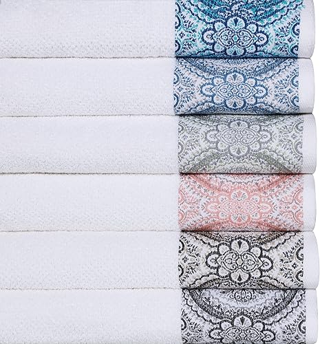 Miniatura 6 de Superior Medallion - Juego de 6 toallas de algodón, absorbentes, texturizadas, de secado rápido, para ducha, básicos de spa, color blanco liso,