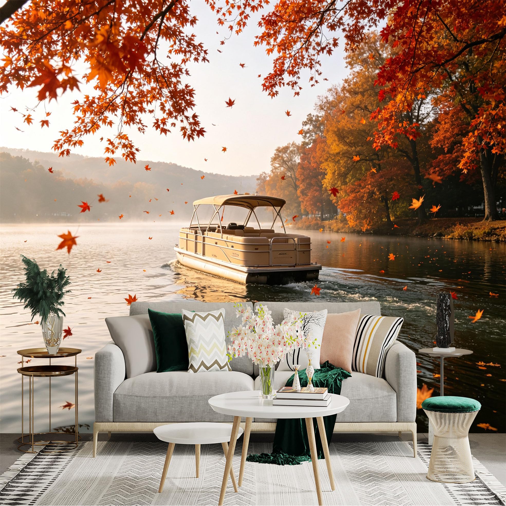 Custom Size Wall Sticker Mural， Pontoon Boat on Calm Lake， Autumn Maple Foliage， Golden Morning Fog， Scenic Nature Landscape， for wall Decoration， peelandstick wall Decals.
