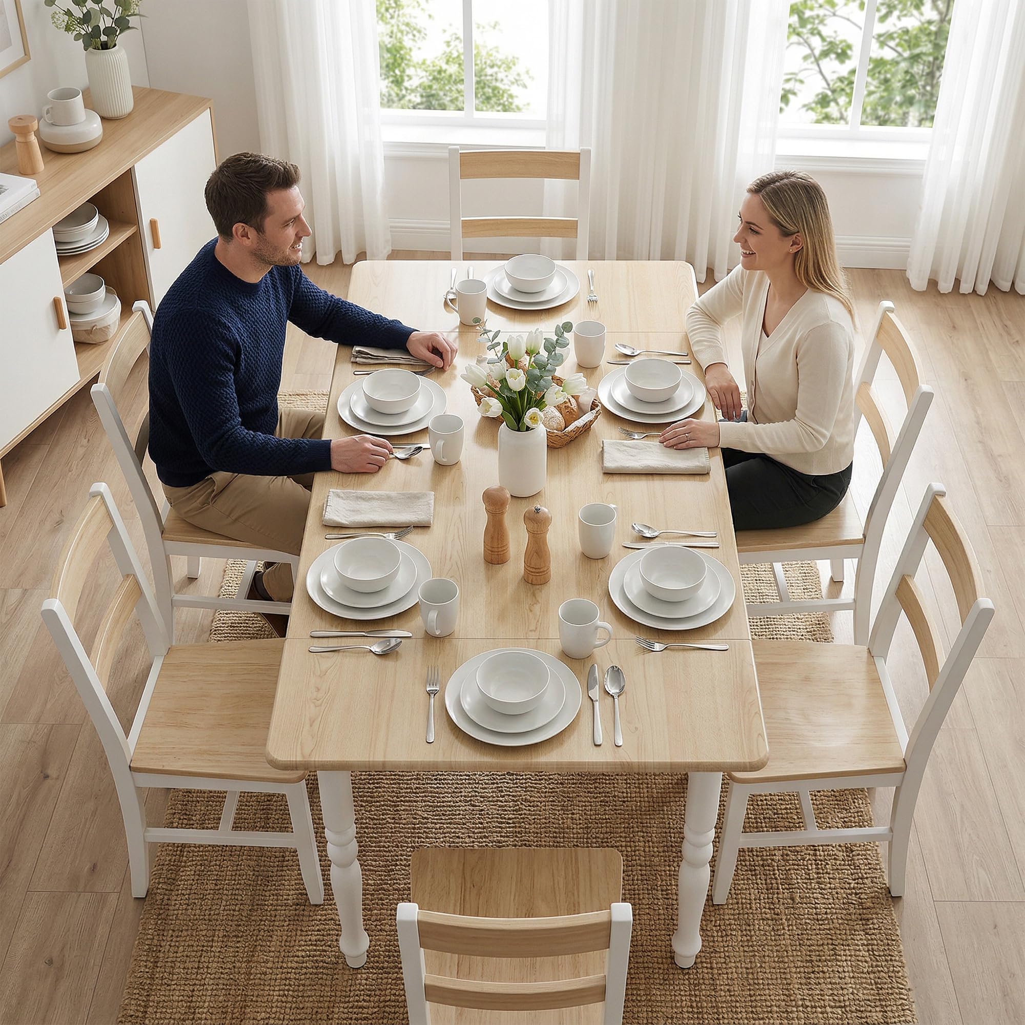 HOMCOM Tavolo da Pranzo Pieghevole per 2-6 Persone, 74-134x80 cm Tavolo Cucina a Ribalta con Gambe Tornite in Acciaio, Scrivania Richiudibile Salvaspazio per Soggiorno Sala da Pranzo, Legno Naturale