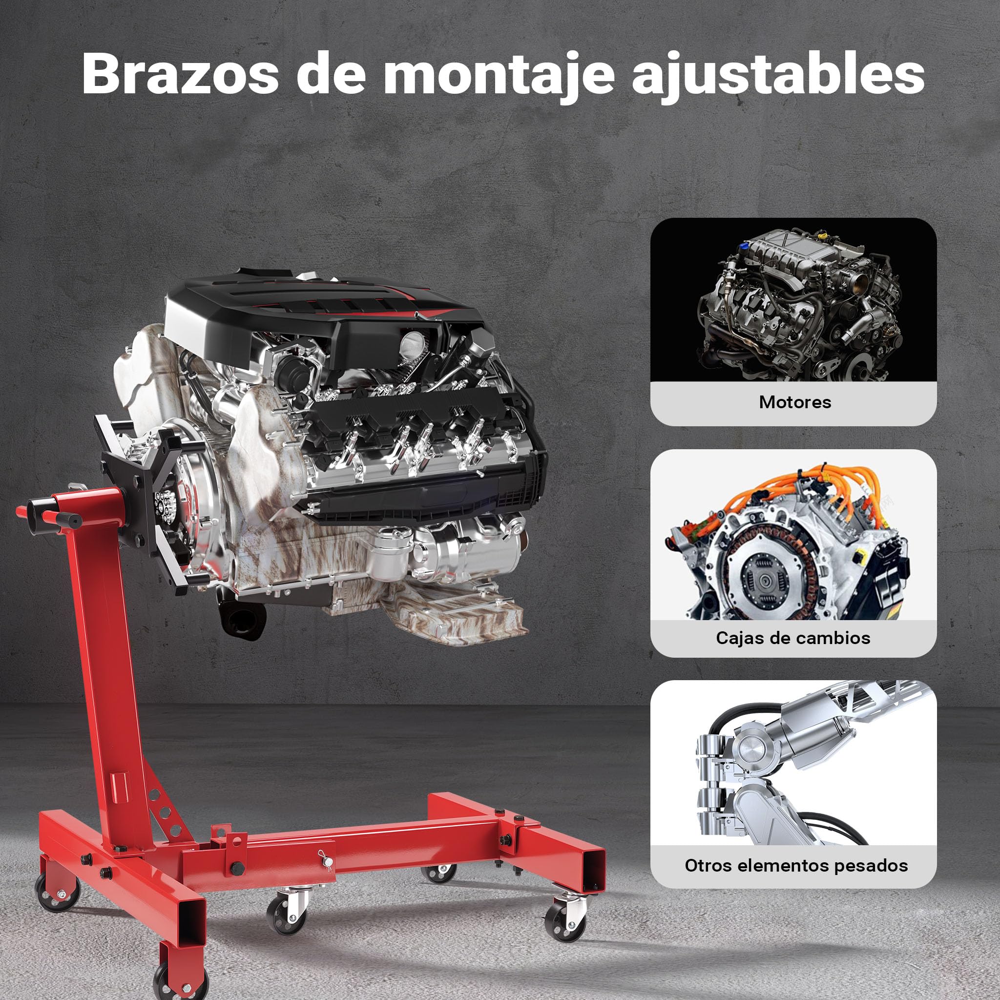 Wiltec Soporte de motor hasta 680 kg elevador gato de transmisión con ruedas pivotantes en 360° caballete de caja de cambios con cabezal de montaje ajustable y giratorio