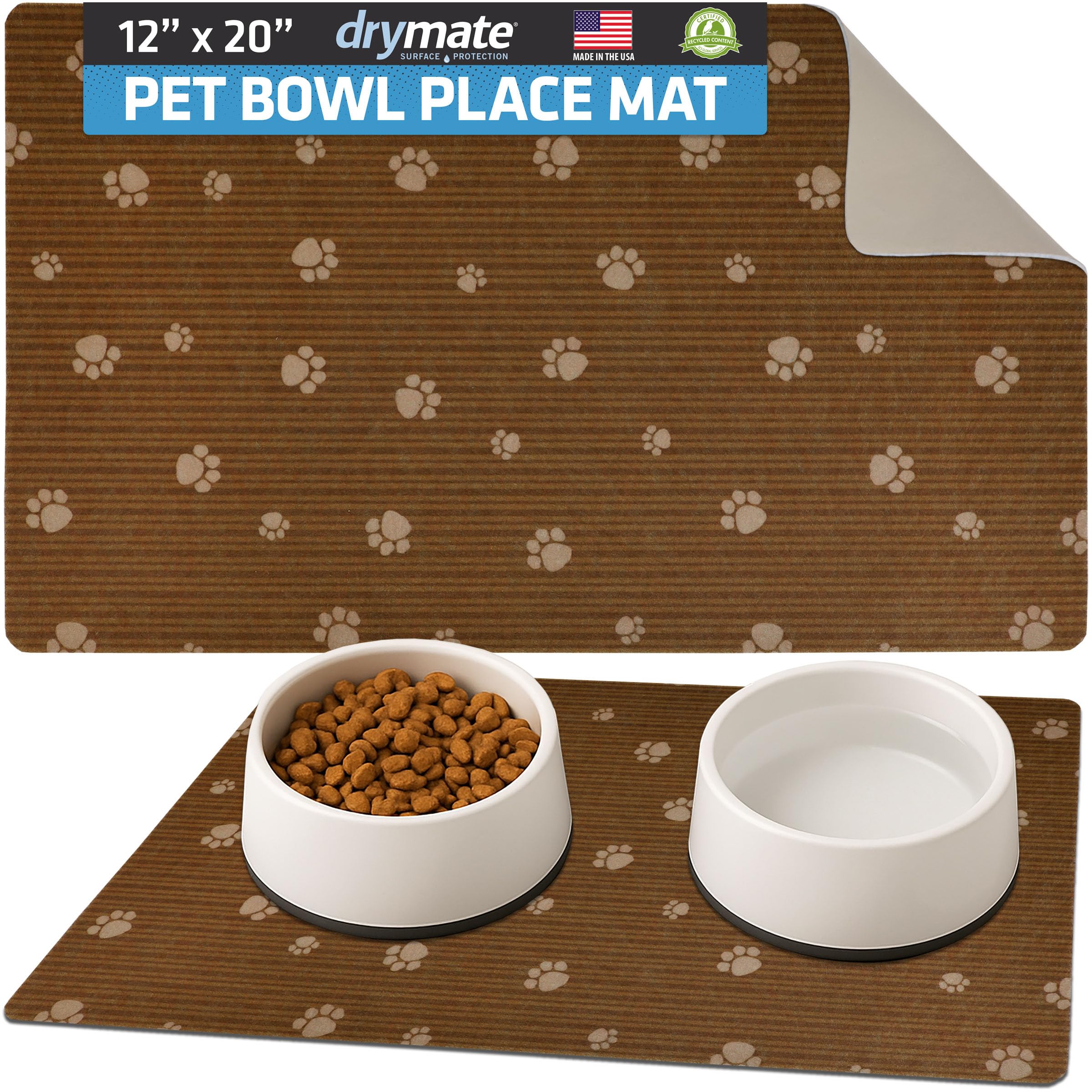 Drymate Pet Bowl Placemat, Dog & Cat Food Feeding Mats, 12x20, Tan Paw