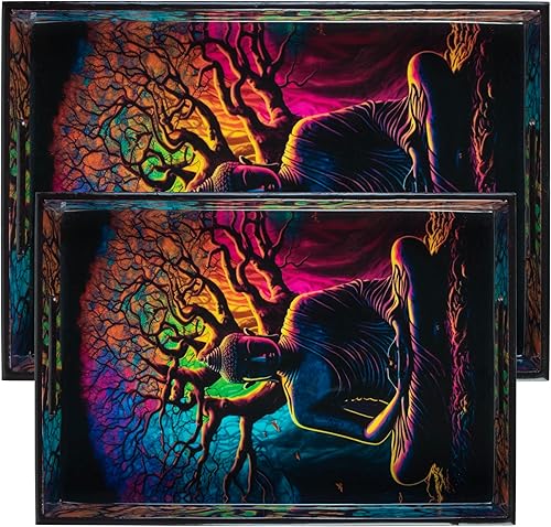 Crocon Juego de 2 bandejas rectangulares decorativas con estampado esmaltado de Buda, color negro