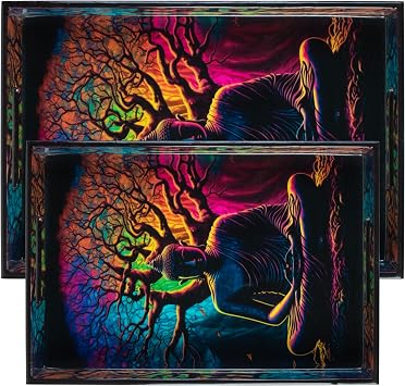 Crocon Decorative Buddha Enamel Printed Rectangular Serving Tray Set of 2, Black