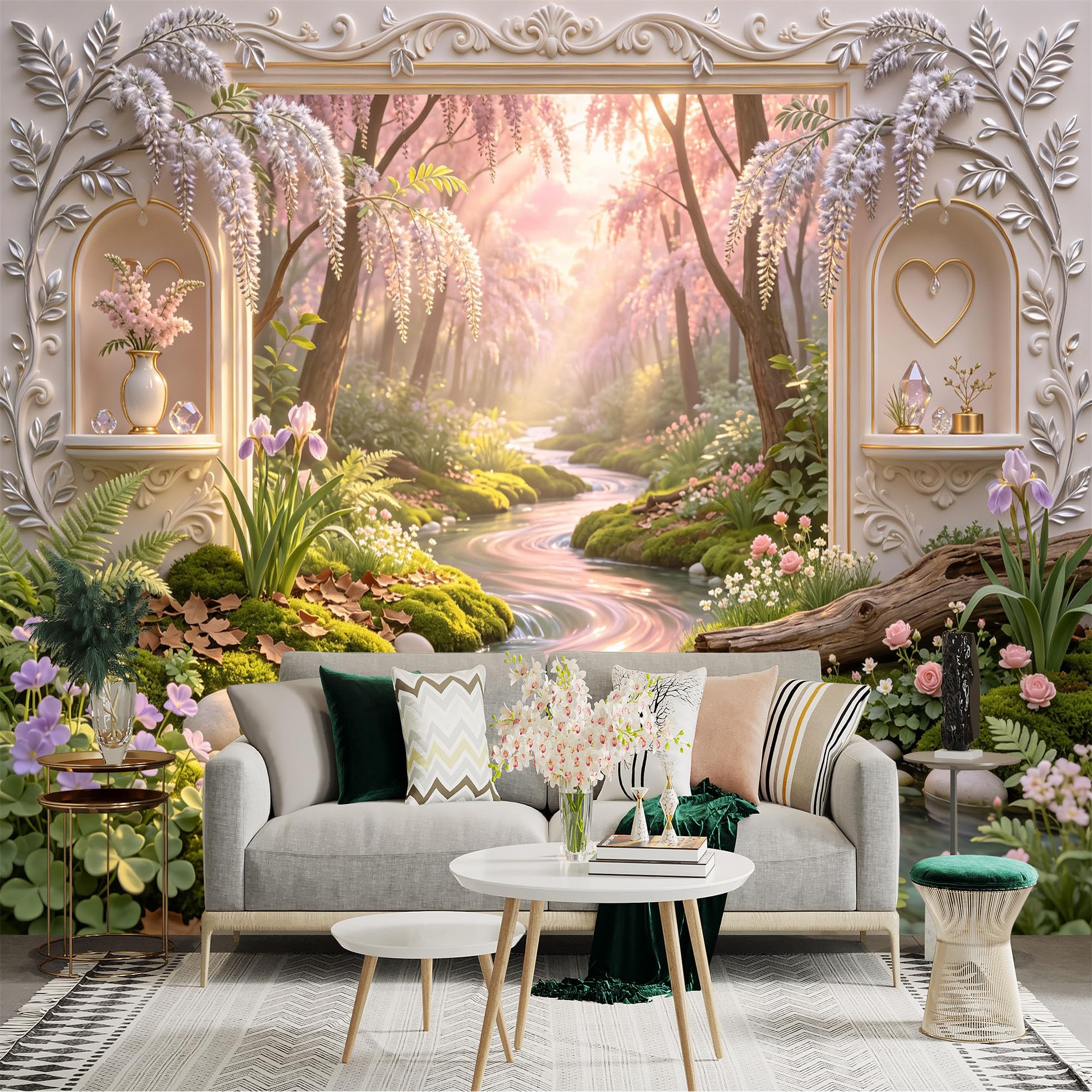 Lnzczhyre Bh260719026 Custom Size Wall Sticker Mural， Enchanted Wisteria Forest， Serene River Stream， Blossoming Floral Garden， Elegant Archway View， For Wall Decoration， Peelandstick Wall Decals.