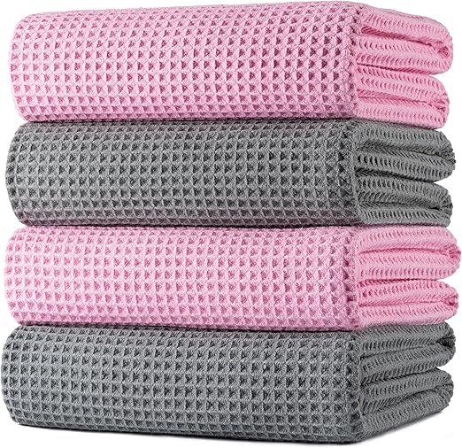 POLYTE Microfiber Oversize Quick Dry Lint Free Bath Towel, 60 x 30 in, 4 Pack (Gray,Pink, Waffle Weave)