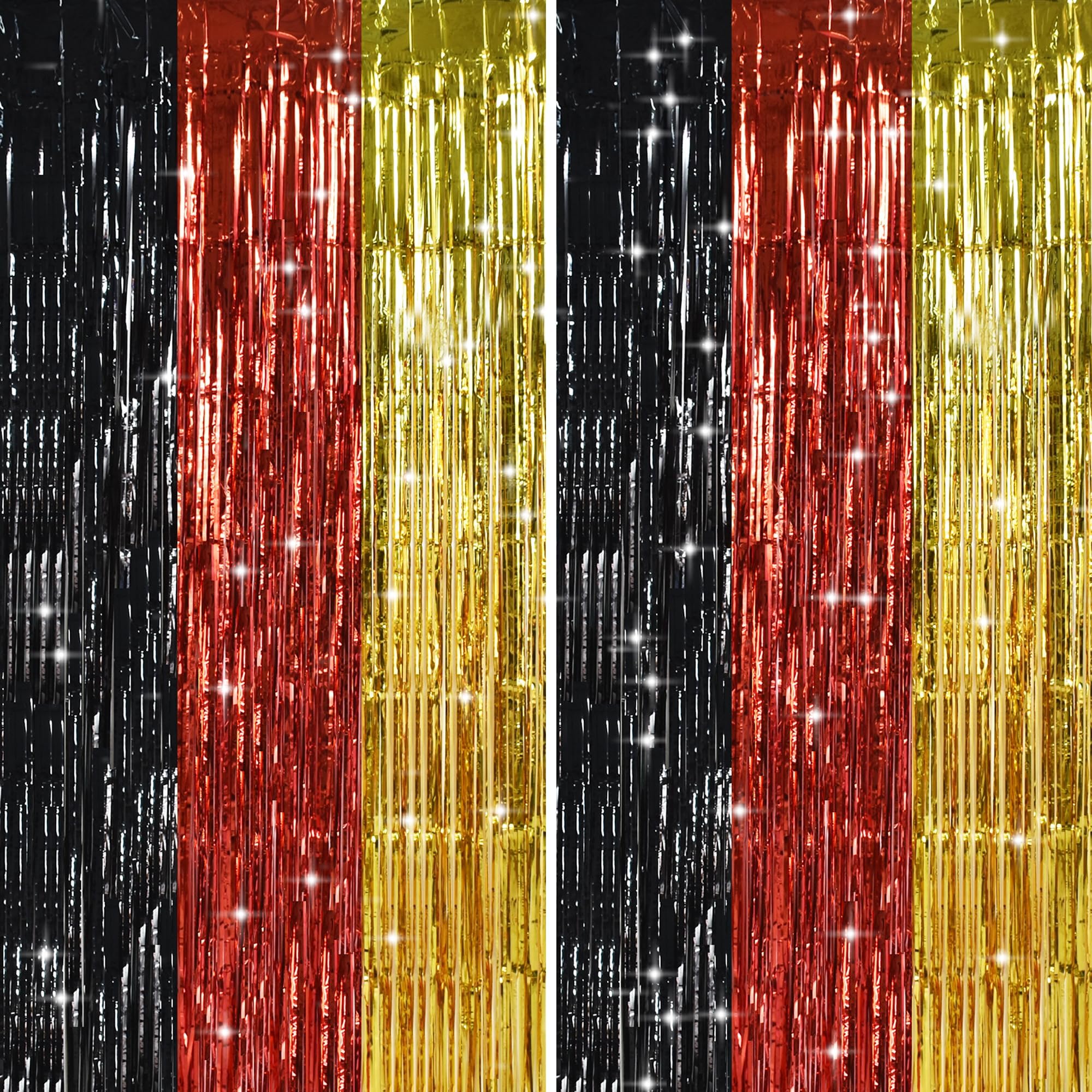 TONIFUL 2Pcs Black Red Gold Metallic Tinsel Foil Fringe Curtains Streamers | 3.3ftx6.6ft Photo Booth Backdrop Door Streamer, Props for Mouse Themed Birthday New Year Graduation Baby Shower Party Decor