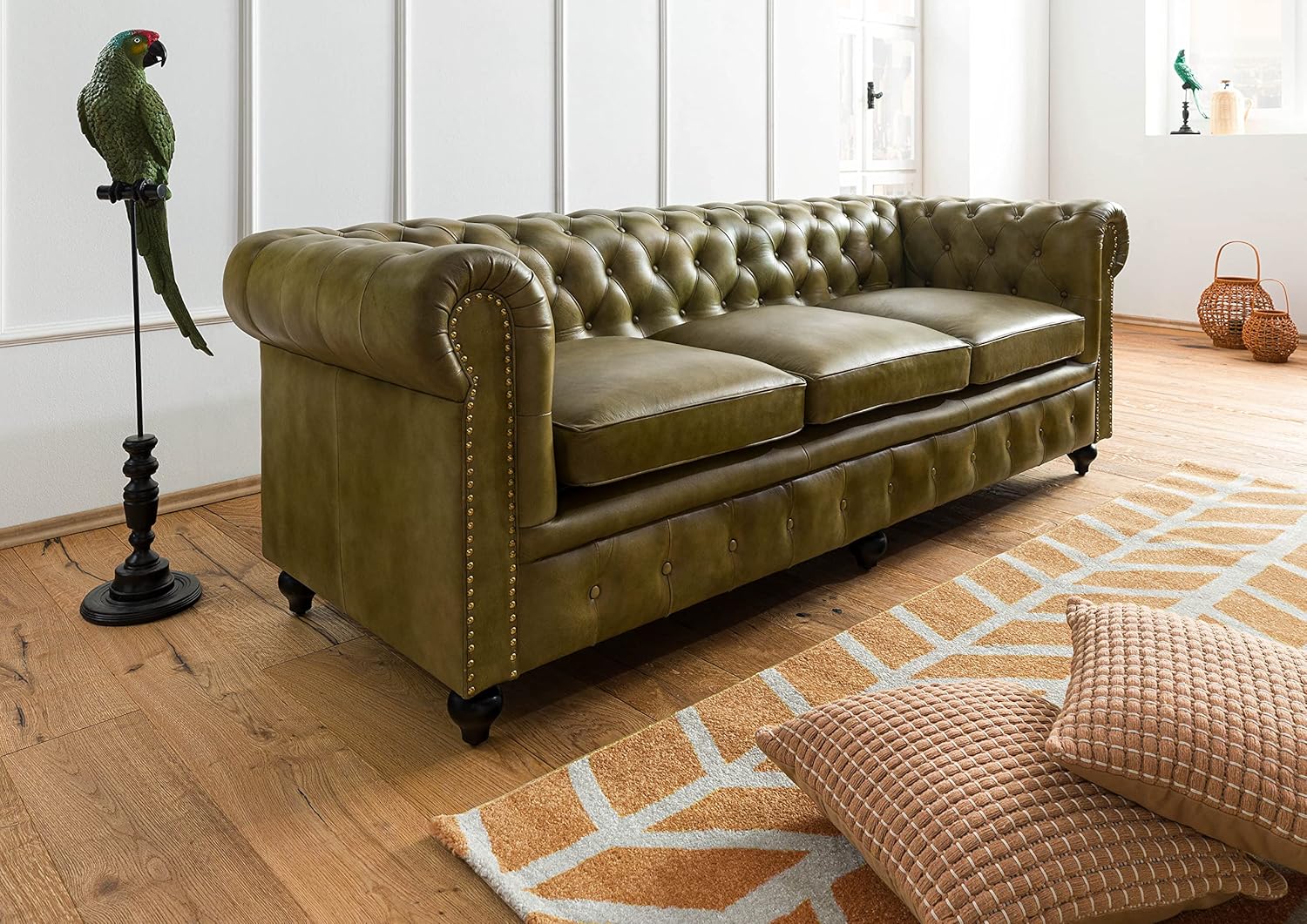 Chesterfield Sofa 3-Sitzer aus Echtleder #303 | aus echtem Büffel-Leder - Grün | 216x82x75 cm | mit Nieten | Couch Polstercouch 3er Sitzer