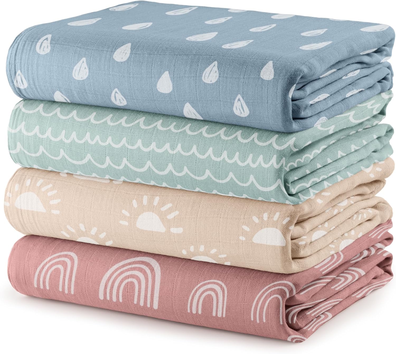 Comfy Cubs Muslin Swaddle Blankets Pack of 4 - 47x47 Inch Soft Breathable Cotton Baby Wraps for Newborns, Multipurpose Swaddling (Sun, Rainbow, Rain, Doodle)