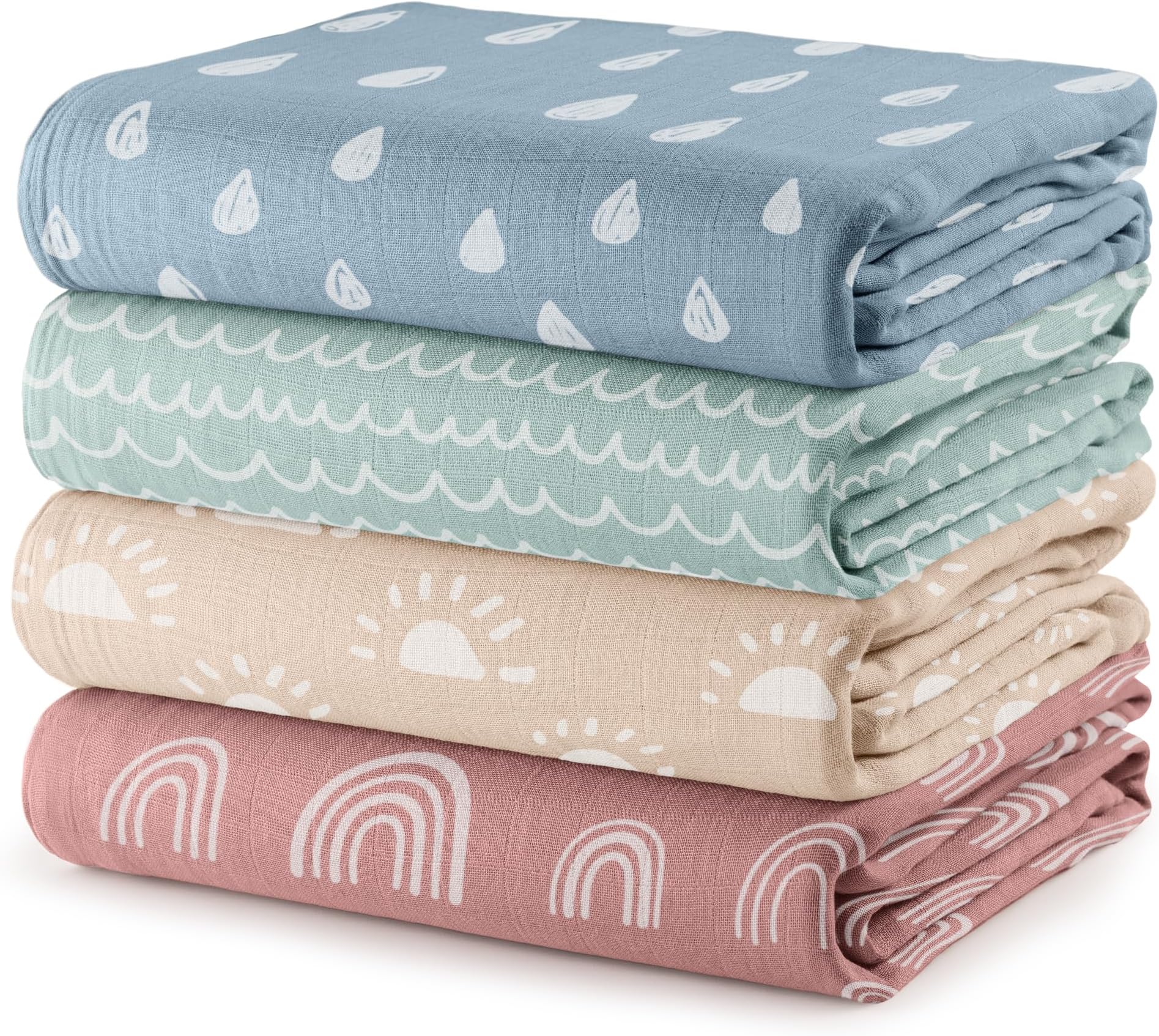Comfy Cubs Muslin Swaddle Blankets Pack of 4-119 x 119 cm, Soft Cotton Baby Blanket Set, Large Swaddling Wraps for Newborns - Self-Soothing Baby Swaddle - Sun, Rainbow, Rain, Doodle