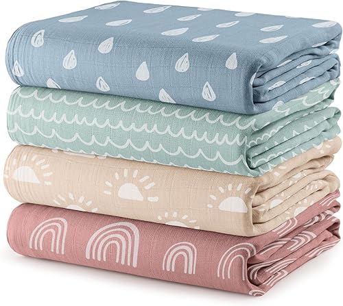 Miniatura 1 de Comfy Cubs Manta de muselina neutra para envolver para niños y niñas, artículos esenciales para bebés, registro y regalo (sol, arcoíris, lluvia,