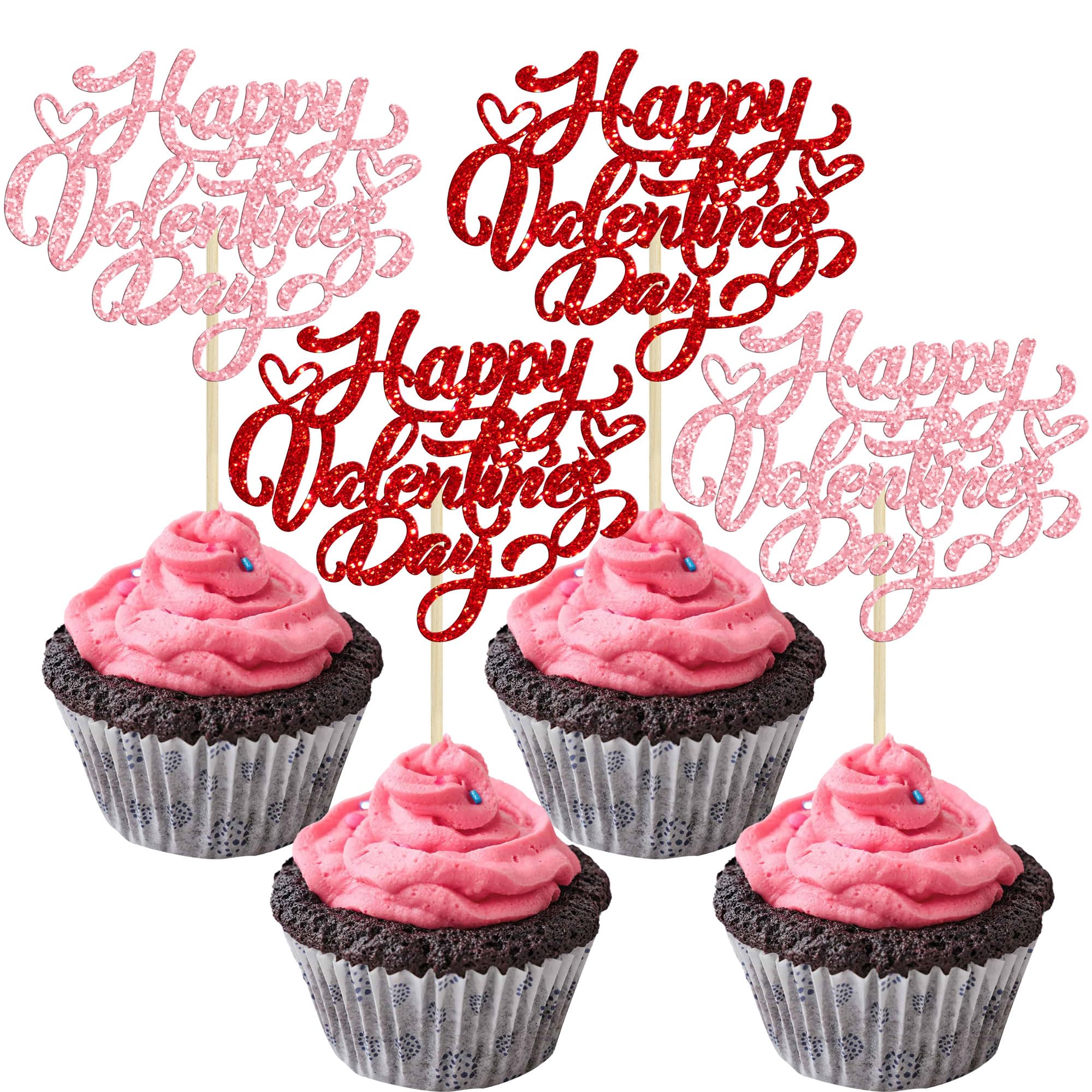 Gyufise 24Pcs Happy Valentine's Day Cupcake Toppers Rose Red Glitter Sweet Love Be Mine Valentines Cupcake Picks Valentine's Day Theme Birthday Party Cake Decorations Supplies