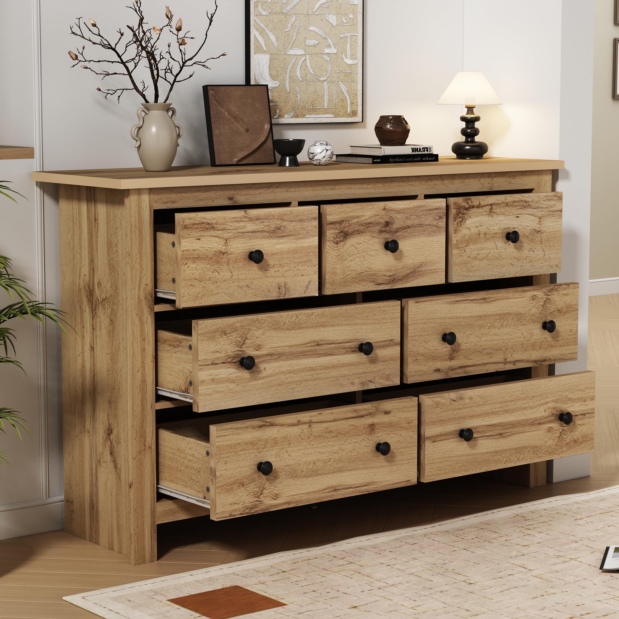 FammyLoft Wooden Sideboard Cabinet with 7 Drawers, Large Chest of Drawers, Modern Vintage Storage Buffet Cupboard for Living Room, Bedroom, Hallway or Kitchen, 152 * 40 * 88.5cm