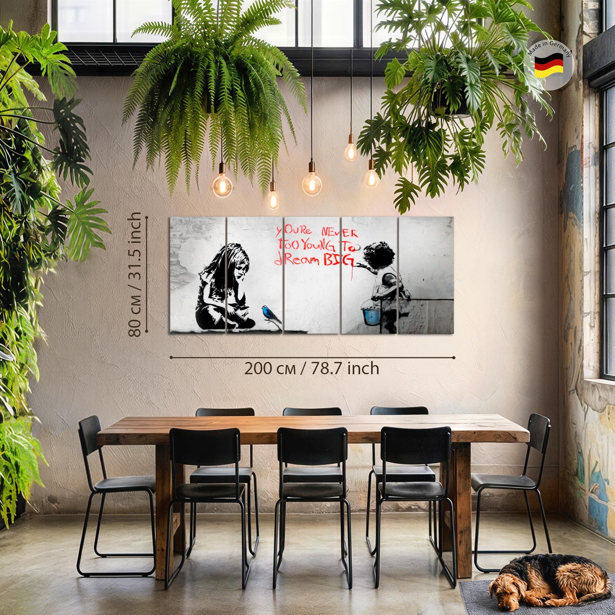 Runa Art Wandbild XXL Mädchen mit Vogel Loft Wohnzimmer 200 x 80 cm Grau Blau 5 Teilig - Made in Germany - 040655a