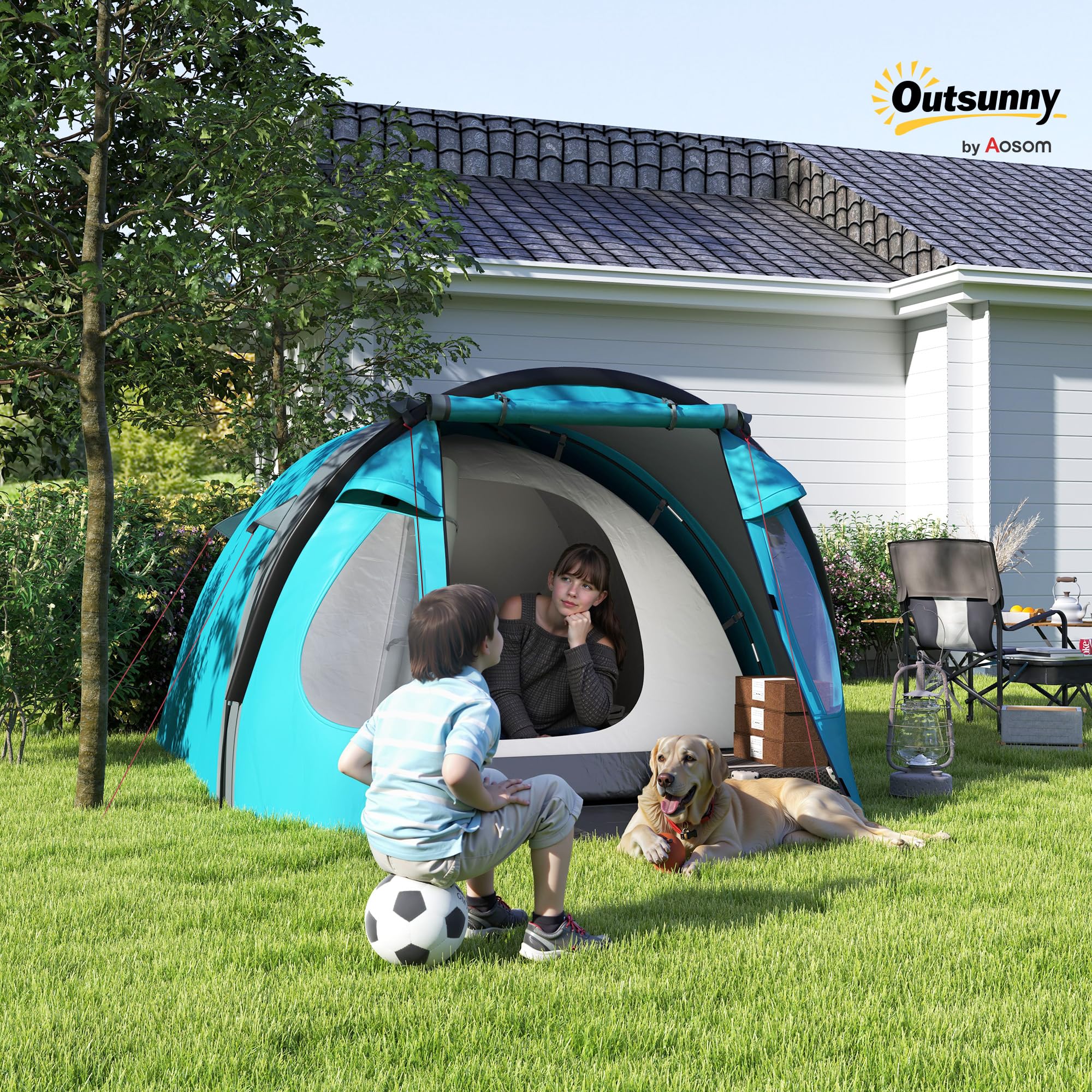Outsunny Tenda da Campeggio per 3 Persone con Camera e Veranda, Tenda da Trekking a Casetta Impermeabile 3000mm e Borsa di Trasporto, Azzurro