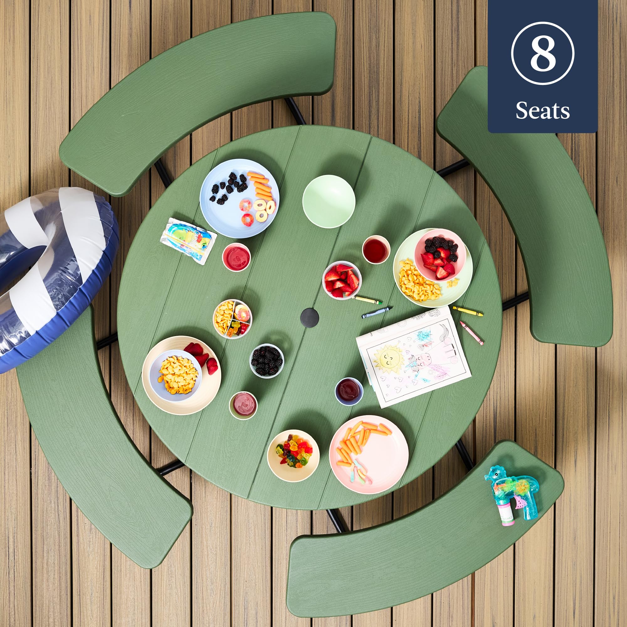 Condition photo showing Good Condition for best choice products 8-person outdoor bench patio picnic table, circular w/ 4 built-in benches and umbrella hole, 2000lb capacity - green