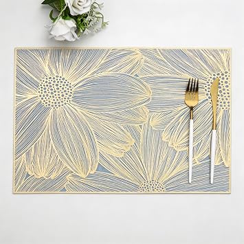 Placemats Set of 6 Gold Rectangular Dining Table Placemat | Vinyl Plastic Table Mats Bulk Waterproof Non-Slip for Dining Table Wedding Holiday Party Anniversary Decoration