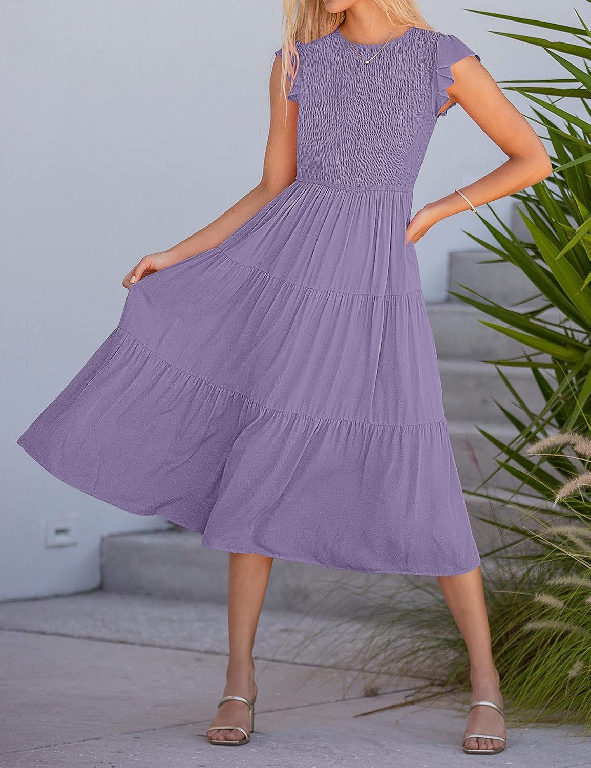 MEROKEETY Women's Flutter Short Sleeve Smocked Midi Dress Summer Casual Tiered A-Line Dress - Image 6