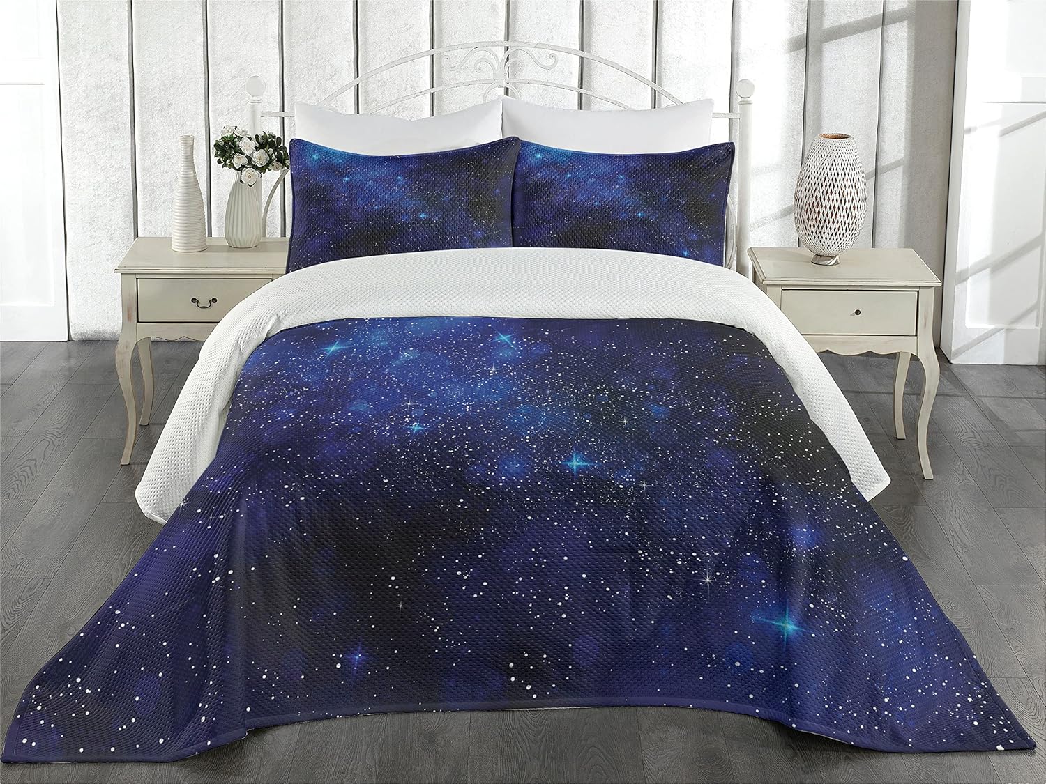 Lunarable Star Coverlet Set Queen Size, Shooting Stars Vibrant Celestial View Infinite Space Constellation Clusters, 3 Piece Decorative Quilted Bedspread Set with 2 Pillow Shams, Blue Black Queen Size Blue Black