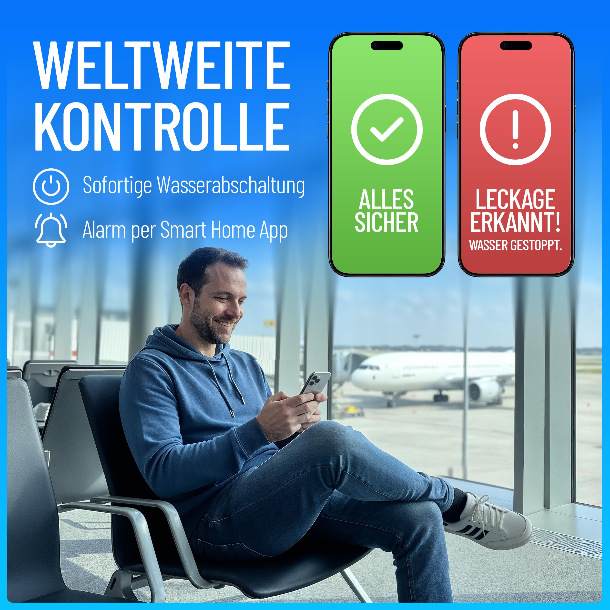 Wassermelder WLAN mit Abschaltung Hauptventil bei Alarm, LeakAlert 360, für Schrägventile, DIY-Installation ohne Klempner, Laute 50dB Alarm, 2 Funk-Wassersensoren, erweiterbar