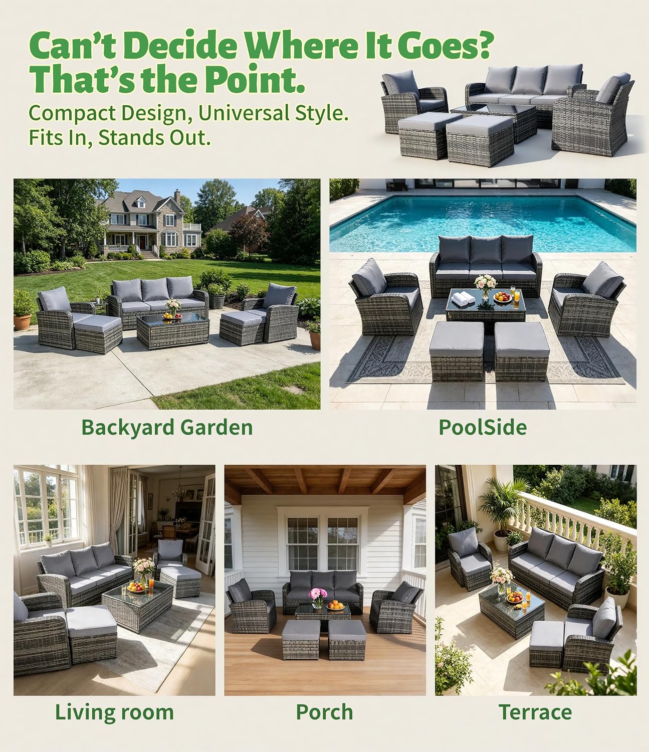 6-Piece Outdoor Patio Furniture Set, Wicker Sofa and Chairs with Cushions & Ottomans, PE Rattan All-Weather Conversation Set with Coffee Table, Comfortable Seating for Backyard, Poolside, Garden Grey