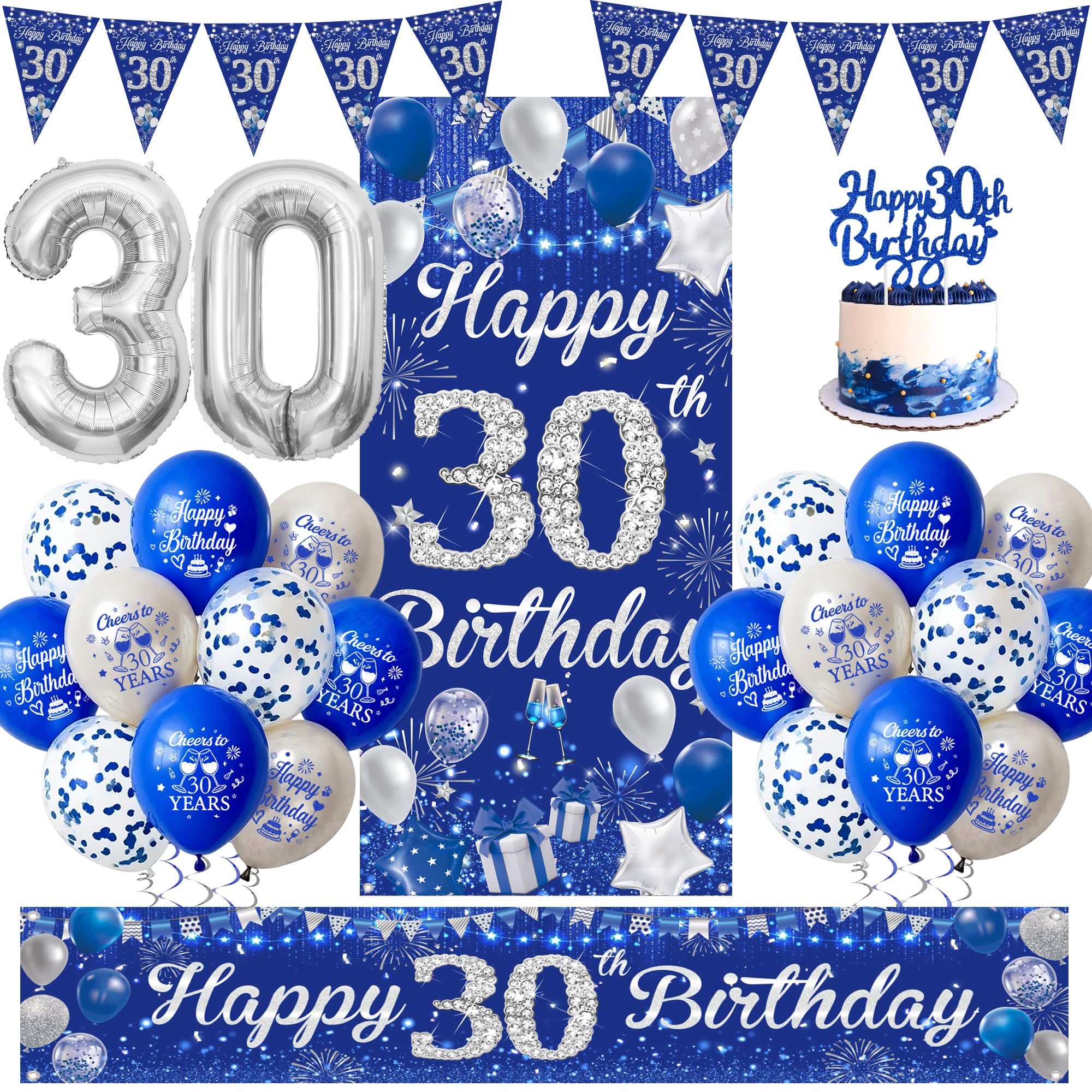 30th Birthday Decorations for Men, Blue Silver Happy 30th Birthday Banners