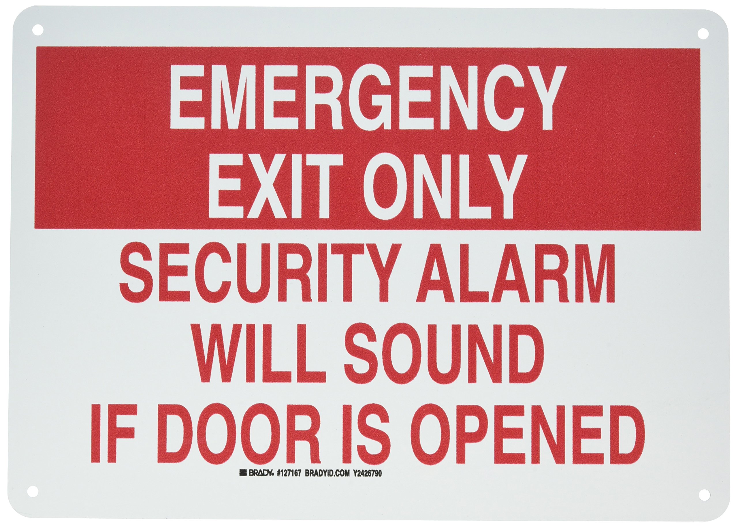 Brady 127167 fuego señal de seguridad, leyenda "salida de emergencia sólo seguridad alarma sonará si puerta se abre", altura de 10 cm, 14 cm de ancho, rojo sobre blanco