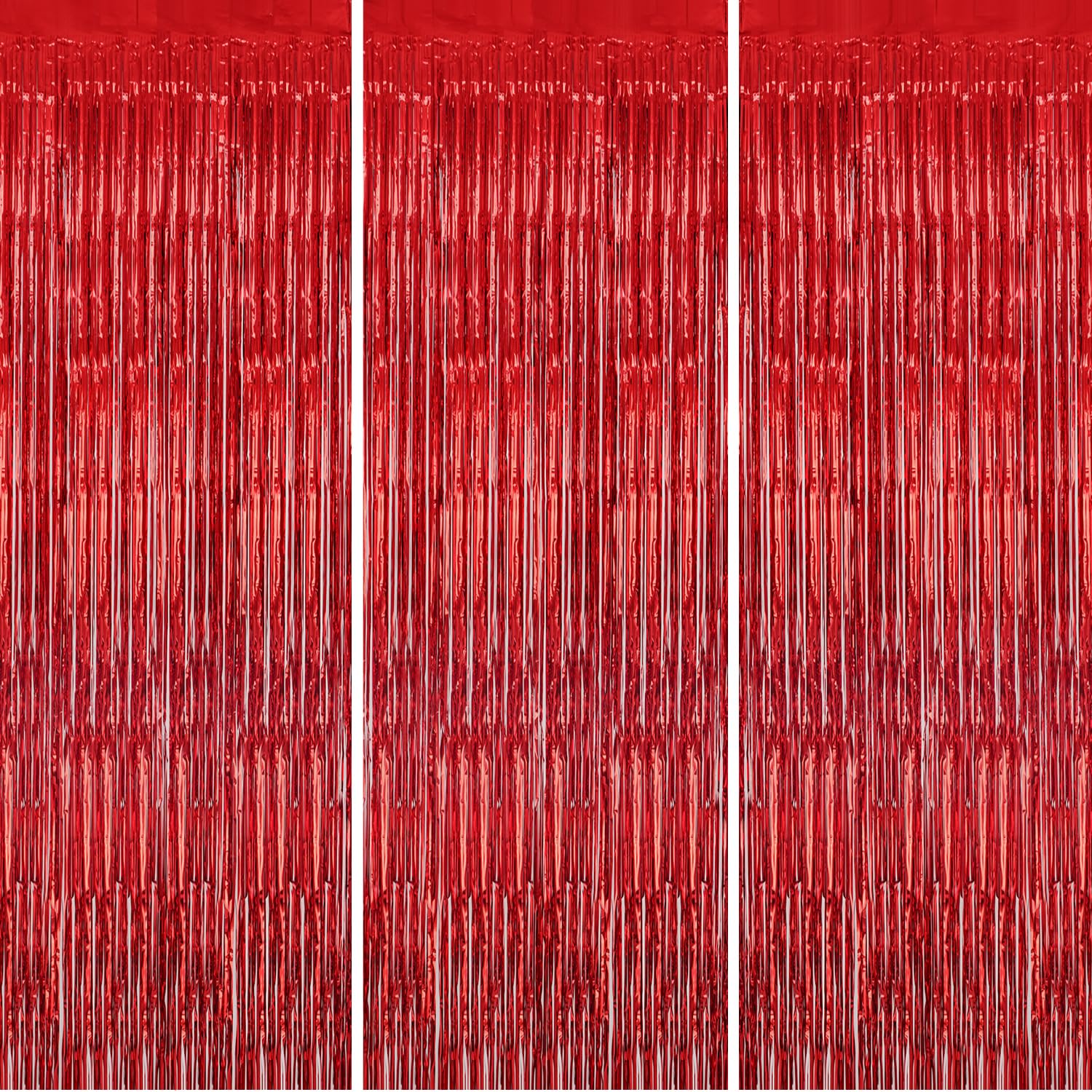 DECOCKRAT 3 Pack Foil Fringe Backdrop - Red Shiny Tinsel Curtains for Party Decoration/Photo Booth Props - 3.3x8.2 FT Metallic Foil Backdrop for Birthday, Wedding, Graduation, Christmas.